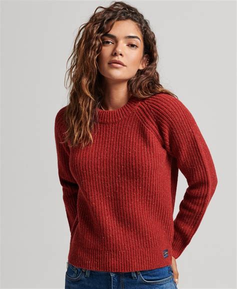 Damen - Pullover mit geripptem Rundhalsausschnitt aus Tweed Vintage Rot ...