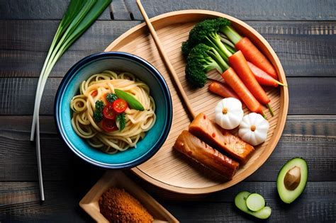 A Plate Of Food With Noodles Vegetables And Meat Premium Ai