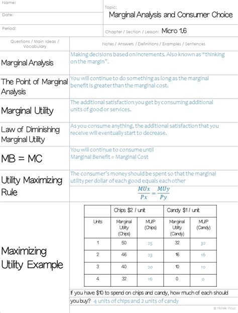 Micro 1 6 Marginal Analysis And Consumer Choice Cornell Notes Michelle Wood