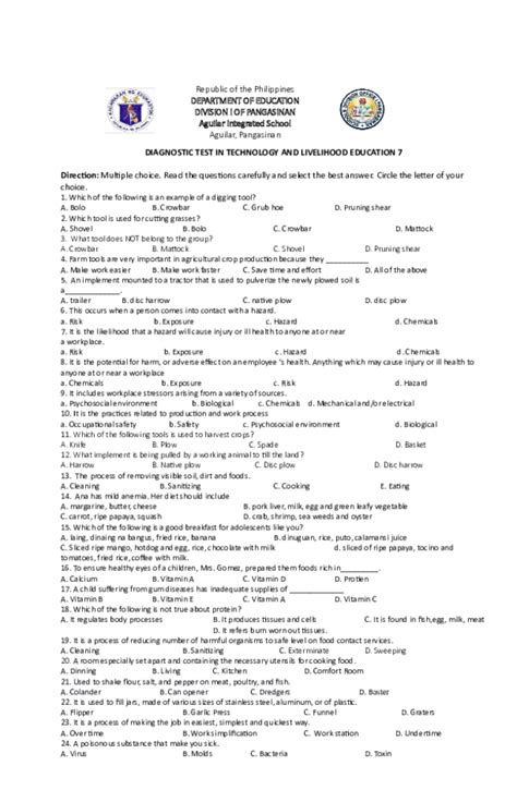 Pdf Diagnostic Test In Technology And Livelihood Education 7