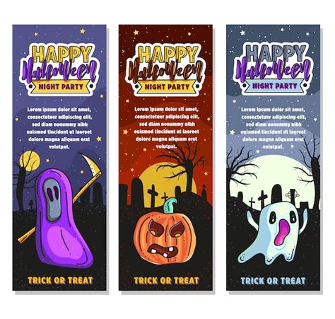 Conjunto De Tres Pancartas Felices De Halloween Con Calabaza Fantasma Y