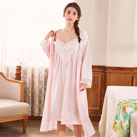 Pregnant Women Long Sleeve Cotton Sleepwear Nightgown Set Sexy Robe Nightdress Two Piece Lace