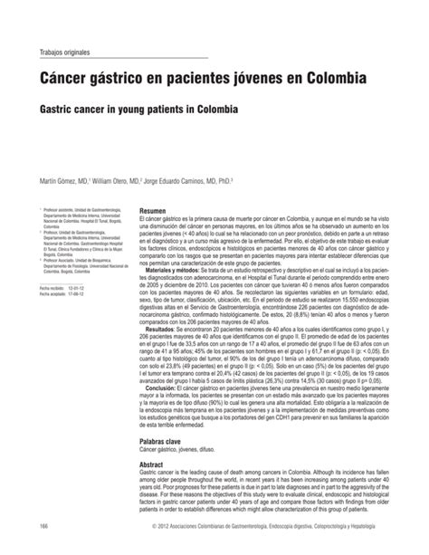 C Ncer G Strico En Pacientes J Venes En Colombia