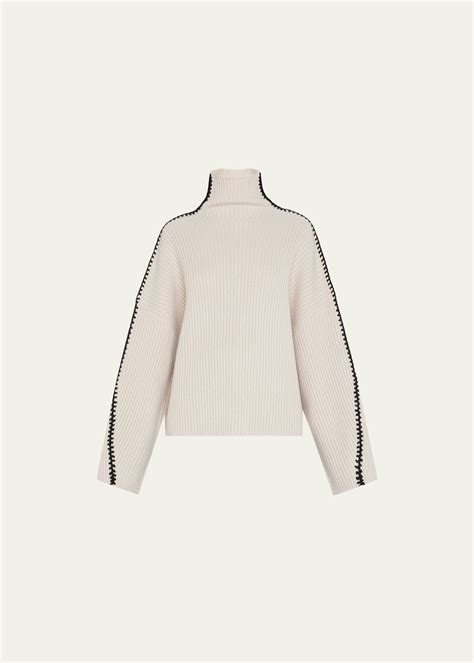 Rag And Bone Ingrid Whipstitched Ribbed Wool Turtleneck Sweater In White