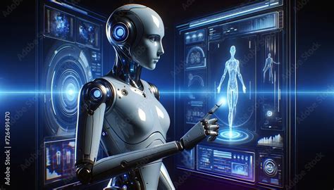 Futuristic Humanoid Robot Interacting With Advanced Holographic