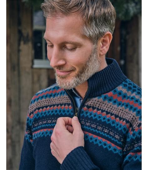 Navy Multi Pure Lambswool Fairisle Half Zip Jumper