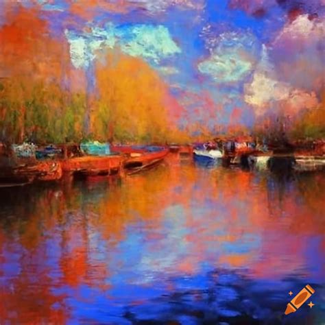 Impressionistic Painting Of A City River With Boats And Houses In