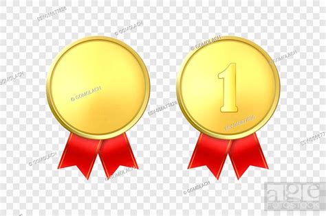 Vector D Realistic Gold Award Medal Icon Set With Red Ribbons Closeup