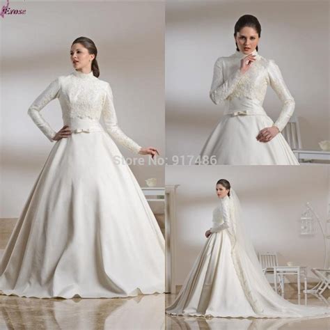 New Style White Muslim Wedding Dress Ball Gown High Neck Long Sleeve