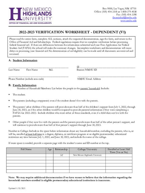 Fillable Online Its Nmhu Verification Worksheet Dependent