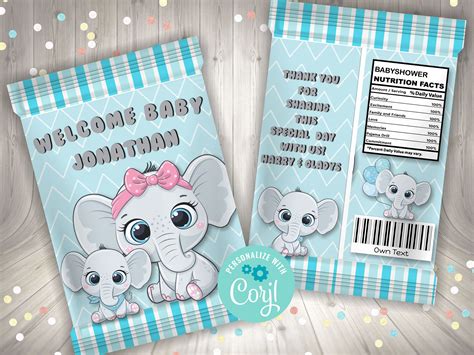 Editable Elephant Baby Shower Chip Bag Boy Elephant Chip Bag Boy