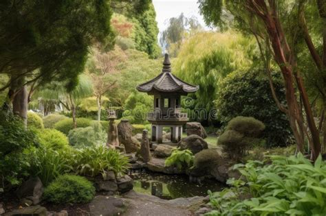 Peaceful Pagoda Garden With Tranquil Water Features And Lush Foliage