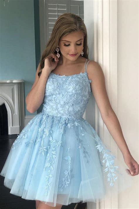 Open Back Light Blue Lace Short Homecoming Prom Dress Light Blue Lace