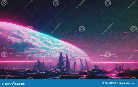 Abstract Retro Futuristic Sci-fi Synthwave Landscape in Space with Stars. Stock Illustration ...