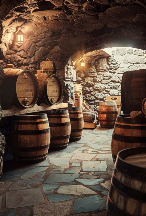 Wine Barrels Stacked In The Old Cellar Of The Winery Stock Image