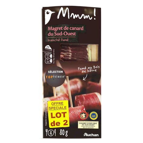 AUCHAN MMM Magret de canard du Sud Ouest tranché fumé bois de hêtre