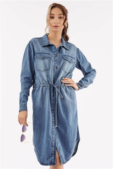 Womens Belted Denim Shirt Dress