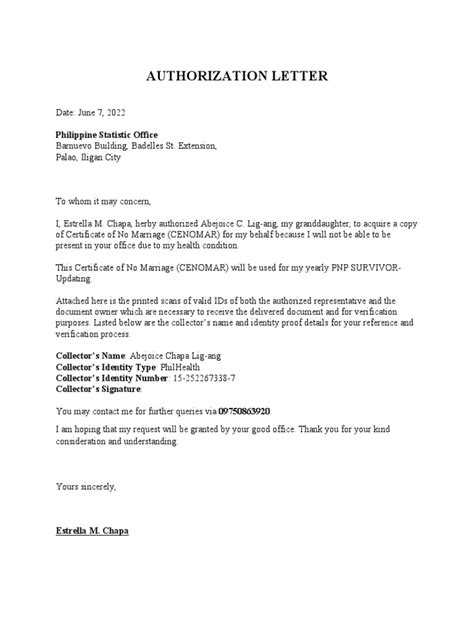 Sample Authorization Letter To Get Psa Birth Certificate Printable Online