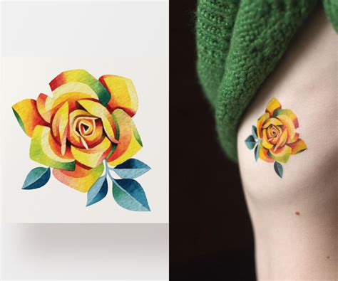 Yellow Rose Temporary Tattoo, Floral Flash Tattoo, Minimalistic ...