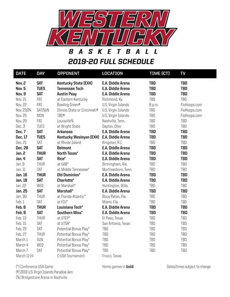 WKU 2019-20 men's basketball schedule | WKU Sports | bgdailynews.com