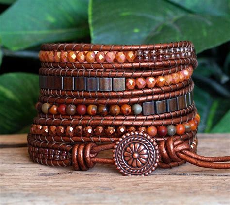 Beaded Leather Five Wrap Bracelet Brown Copper By Pjsprettys Men Wrap Bracelet Bracelets Wrap