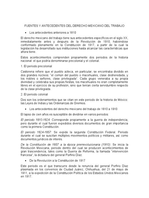 Resumen Fuentes Y Antecedentes Del Derecho Laboral Mexicano Pdf