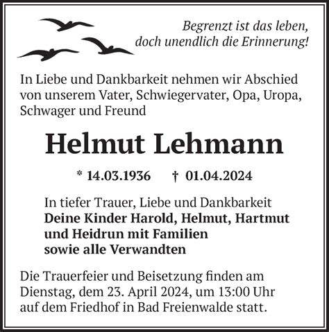 Traueranzeigen von Helmut Lehmann Märkische Onlinezeitung Trauerportal