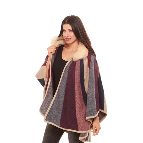 Open Front Poncho With Fur Trim Hood One Size Bellechic