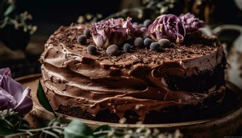 Homemade Chocolate Cake With Fresh Fruit And Ornate Decoration