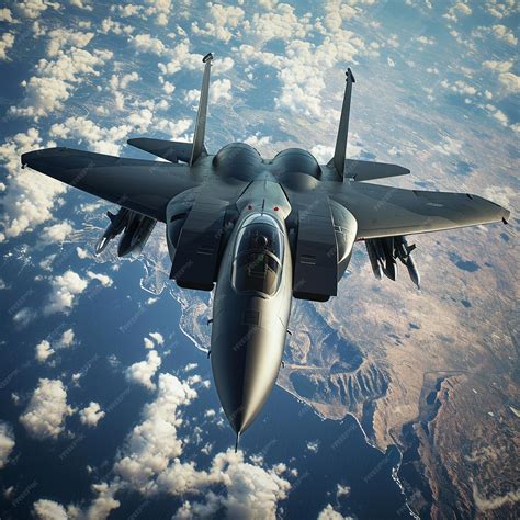 premium photo top view   fighter jet flying  earth