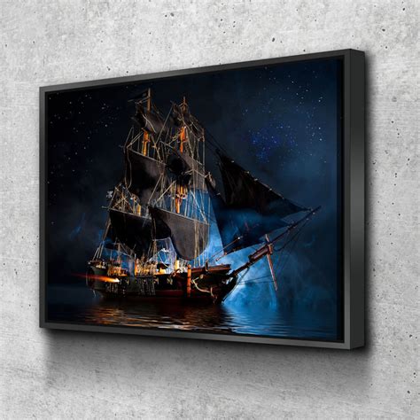 Pirate Ship Dark Sea Battle Canvas Wall Art, Pirate Decor, Ship Sailing, Jolly Roger Flag ...