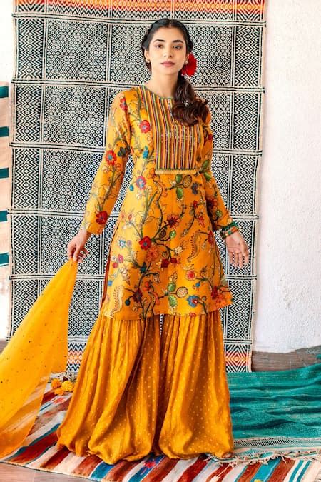 Buy Yellow Dupion Silk Print And Embroidery Kalamkari Kurta Sharara Set