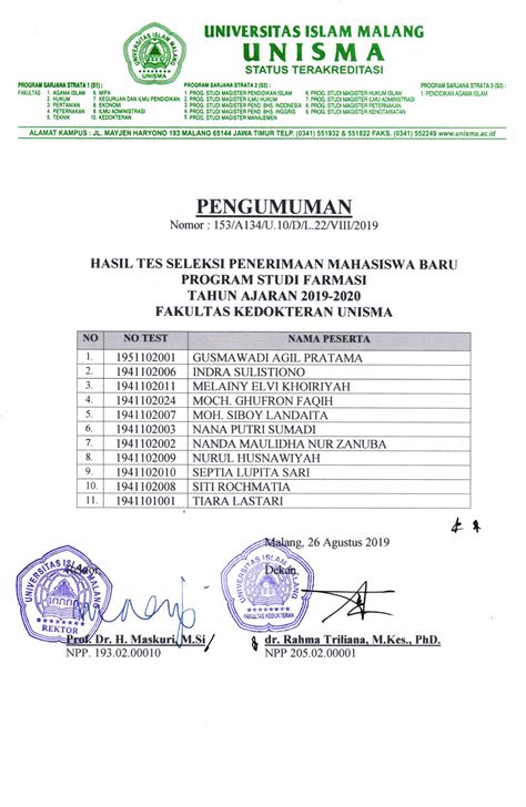 Pengumuman Hasil Akhir Spmb Fk Unisma Gelombang Prodi Farmasi Ta