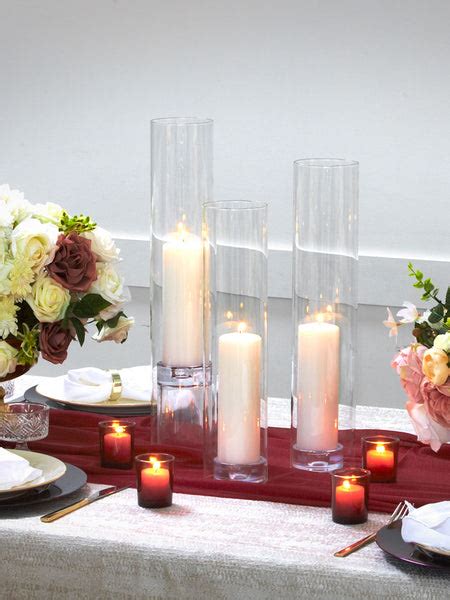 12 Slim Pillar Candles 12 Glass Chimneys And 12 Glass Pillar Holders Yummicandles