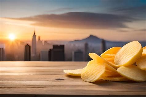 Premium Photo A Pile Of Potato Chips On A Wooden Table With A City In