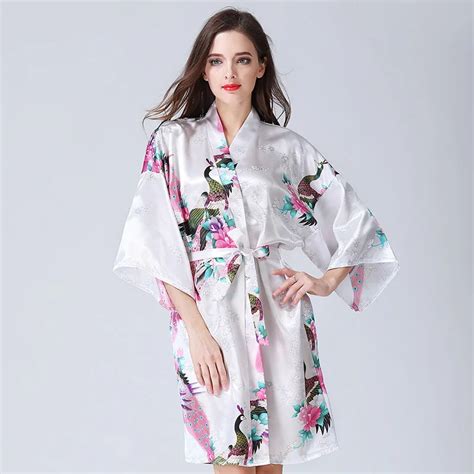 Sexy White Printed Female Silk Robe Rayon Kimono Yukata Night Dress Gown Flower Andpeacock S M L