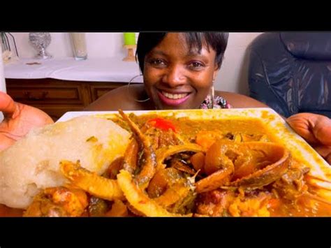 Asmr Dry Fish Cow Skin Okra Soup With Cassava Fufu Mukbang Bang