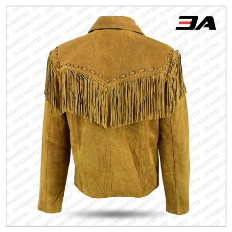 Mens New Native American Western Brown Suede Leather Jacket Fringe Tas