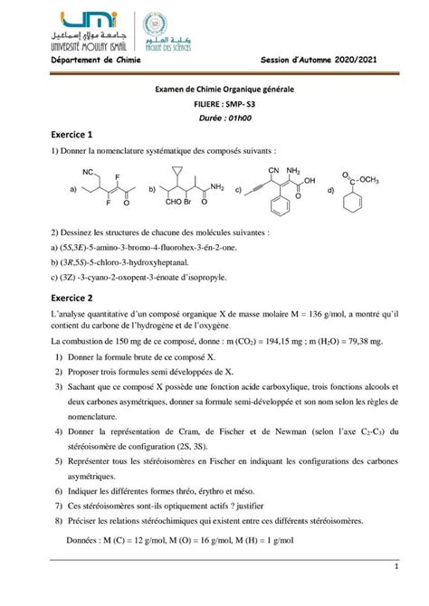 Examen de chimie organique smp 3 Chimie Générale Et Organique Studocu