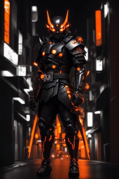 Premium Ai Image Futuristic Black Amp Orange 3d Cyber Samurai Robot