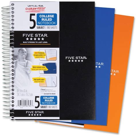 Five Star 5 Subject College Ruled Notebook 9 12 X 6 Assorted