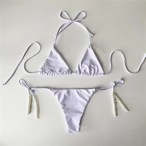 Sexy Women White Bikini With Pearl Sexy Swimsuit Bandage Sling Two Piece Bathing Suit Buy