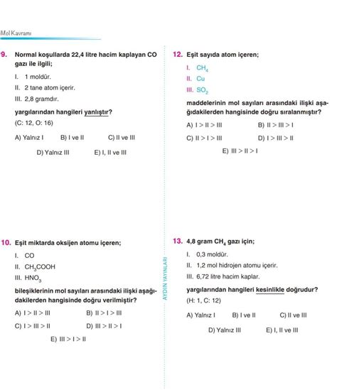 Soru Ektedir S N F Kimya Mol Kavram Z Ml Bir Ekilde Istiyorum