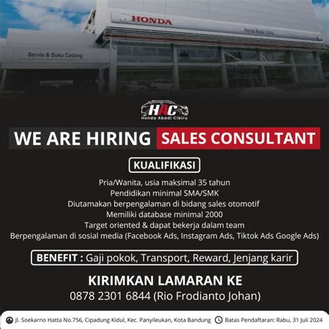 Lowongan Kerja Sales Consultant Di Honda Abadi Cibiru Lokerbandung Id