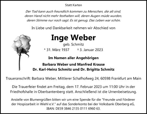 Traueranzeigen Von Inge Weber Wirtrauern