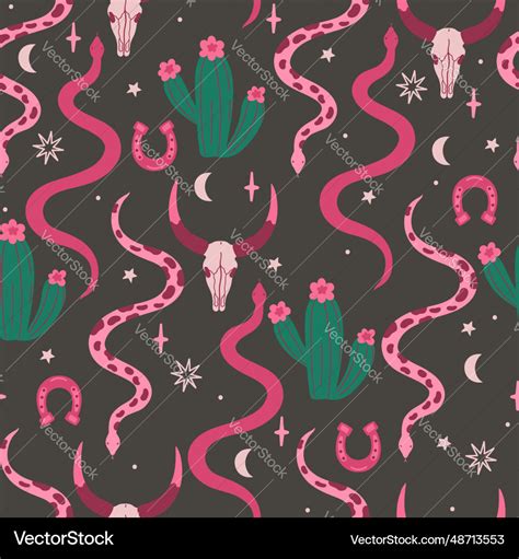 Wild West Seamless Pattern With Skulls Snakes Vector Image