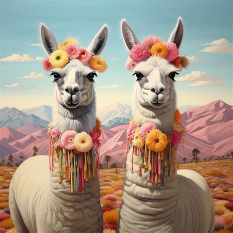 There Are Two Llamas With Flowers On Their Heads Standing In A Field