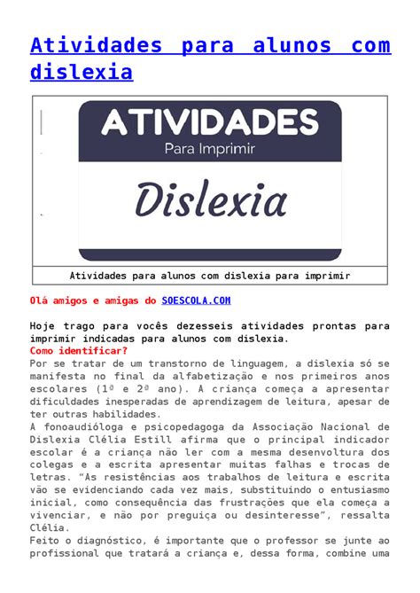 Atividades Para Dislexia Alfabetização - Atividades para Alunos com Dislexia - PDFs Imprimíveis e Dicas ...