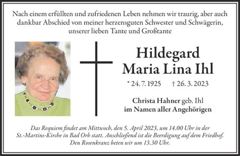 Traueranzeigen Von Hildegard Maria Lina Ihl Trauer Gnz De