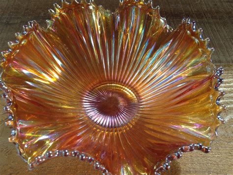 Amber Carnival Glass Bowl Vintage Scalloped And Ridged Desert